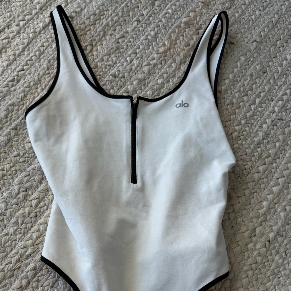 ALO Yoga White Bodysuit with Black Trim